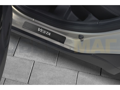 Накладки на пороги Russtal карбон с надписью для Lada Vesta 2015-2021