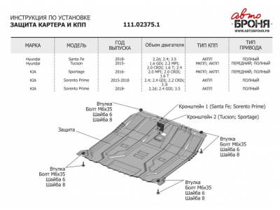 Защита картера и КПП АвтоБроня сталь 2 мм с крепежом для Hyundai Santa Fe/Tucson/Kia Sorento Prime/Sportage 2015-2021
