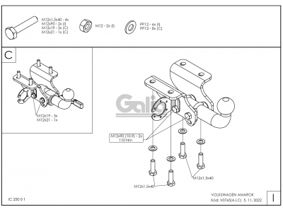Фаркоп оцинкованный Galia шар A для Volkswagen Amarok 2010-2021