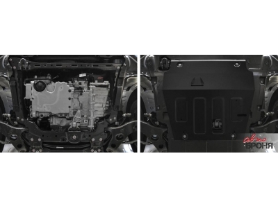 Защита картера + КПП (сталь) + комплект крепежа для Geely Atlas Pro 2021-2024 (V - 1.5T Hybrid, АКПП, полный привод), Geely Azkarra (V - 1.5T Hybrid, АКПП, полный привод), Belgee X70 2024-н.в.