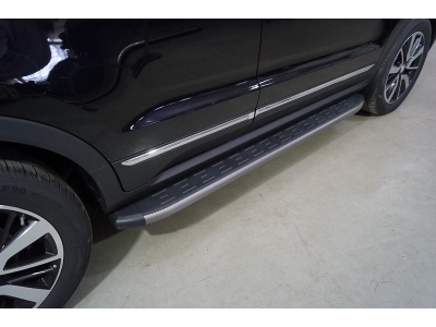 Пороги алюминиевые с пластиковой накладкой (карбон серые) 1720 мм ТСС для Changan CS55 2WD 1.5T 2017 – н.в. 