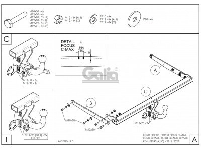 Фаркоп оцинкованный для Ford Focus 2003-2018, Ford Focus C-MAX 2003-2010, 2010-2019, Ford Grand C-MAX 2010-2019 быстросъемное крепление шара