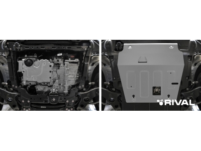 Защита картера + КПП (алюминий) + комплект крепежа для Geely Atlas Pro 2021-2024 (V - 1.5T), Geely Azkarra 2019-н.в. (V - 1.5T Hybrid, АКПП, полный привод), Belgee X70 2024-н.в.