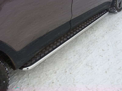Пороги с площадкой алюминиевый лист 42 мм ТСС для Hyundai Santa Fe Grand 2014-2016