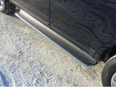 Пороги с площадкой нержавеющий лист 42 мм ТСС для Hyundai Santa Fe 2012-2015