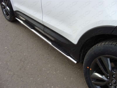 Пороги труба овальная с накладками 75-42 мм ТСС для Hyundai Santa Fe 2012-2015