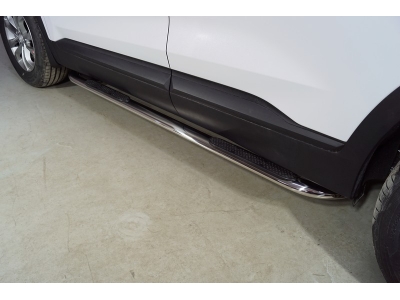 Пороги овальные гнутые с накладкой 75х42 мм для Hyundai Santa Fe IV Рестайлинг 2020 – 2023 HYUNSF21-17