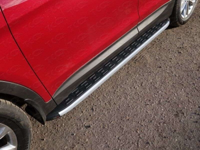 Пороги алюминиевые ТСС с накладкой для Hyundai Santa Fe 2015-2018