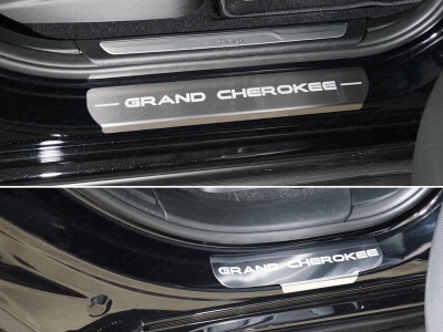 Накладки на пороги (лист шлифованный надпись Grand Cherokee) 4шт ТСС для Jeep Grand Cherokee IV Рестайлинг 2013 – 2022