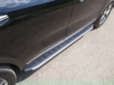 Пороги алюминиевые ТСС с накладкой серые для Kia Sorento Prime 2015-2017