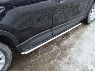 Пороги с площадкой алюминиевый лист 42 мм ТСС для Mazda CX-5 2011-2015
