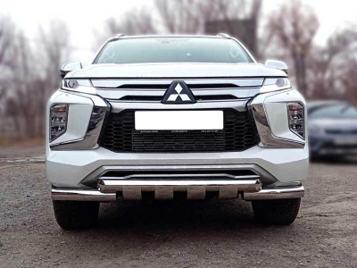 Защита переднего бампера d-76 с доп.накладками для Mitsubishi Pajero Sport 2021 – н.в.