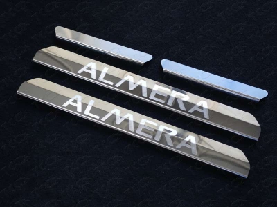 Накладки на пороги зеркальный лист надпись Almera ТСС для Nissan Almera 2013-2018