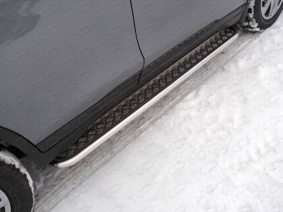 Пороги с площадкой алюминиевый лист 42 мм ТСС для Nissan X-Trail 2015-2018