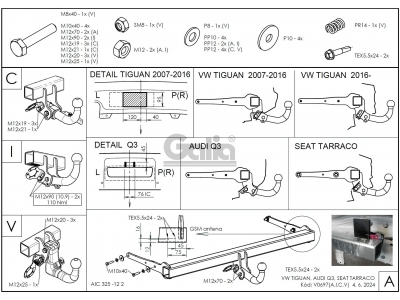 Фаркоп оцинкованный для Volkswagen Tiguan 2007-2016, 2016-2024, Audi Q3 2011-2018, Seat Tarraco 2018-н.в. вертикальное быстросъемное крепление шара с ключом