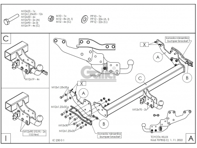 Фаркоп оцинкованный для Toyota Hilux 2015-н.в., JAC T6 2021-н.в., JAC T8 2018-н.в., JAC T8 Pro 2023-н.в., Sollers ST6 2023-н.в. быстросъемное крепление шара