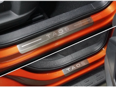 Накладки на пороги (лист шлифованный надпись Taos) 4шт ТСС для Volkswagen Taos 2020 – н.в.