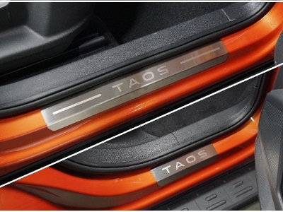 Накладки на пороги (лист шлифованный надпись Taos) 4шт для Volkswagen Taos 2020 – н.в. VWTAO21-05