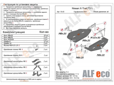 Защита топливного бака ALFeco из 2 частей сталь 2 мм Nissan X-Trail T31/T32/Renault Koleos № ALF1543st