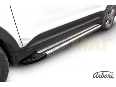 Пороги алюминиевые Arbori Luxe Silver серебристые для Hyundai Creta 2016-2021