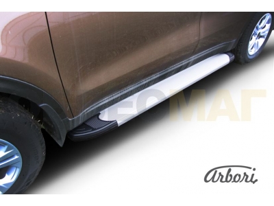 Пороги алюминиевые Arbori Optima Silver серебристые для Kia Sportage 2016-2021