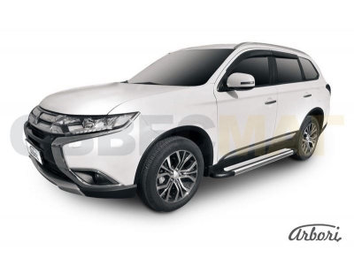 Пороги алюминиевые Arbori Luxe Silver серебристые для Mitsubishi Outlander 2015-2021