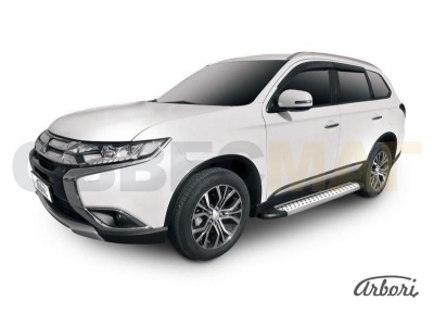 Пороги алюминиевые Arbori Standart Silver серебристые для Mitsubishi Outlander 2015-2021