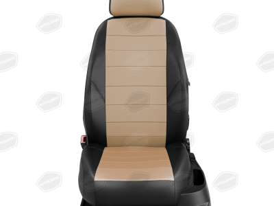 Чехлы экокожа бежевая с перфорацией с чёрными боковинами и спинкой вариант 1 на седан с едиными спинкой и сиденьем и передними подголовниками Простые для Renault Fluence № RN22-0903-EC04