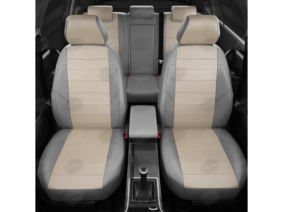 Чехлы экокожа кремовая с перфорацией с серыми боковинами и спинкой АвтоЛидер для Toyota Prius 3 2009-2015