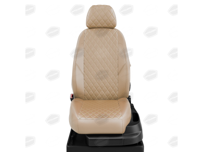 Чехлы экокожа бежевая с перфорацией с бежевыми боковинами и спинкой вариант 2 в салон с единой спинкой без AIR-Bag сиденья АвтоЛидер для Nissan Terrano 3 2017-2021