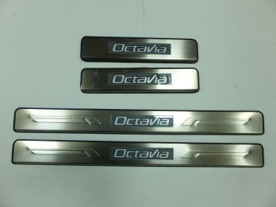 Накладки на дверные пороги JMT с логотипом и LED подсветкой для Skoda Octavia 2008-2020