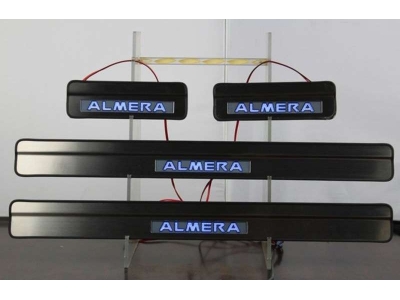 Накладки на дверные пороги JMT с логотипом и LED подсветкой для Nissan Almera 2013-2018
