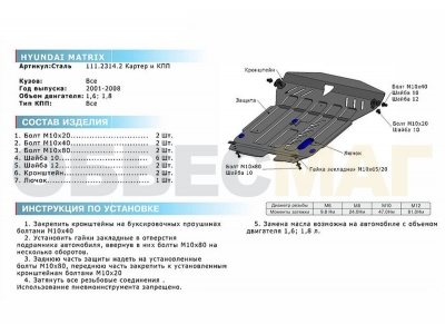 Защита картера и КПП Rival для 1,6 и 1,8 сталь 2 мм для Hyundai Matrix 2001-2008