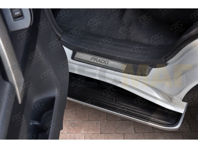 Накладки на пороги РусСталь шдифованный лист с надписью для Toyota Land Cruiser Prado 150 2009-2021
