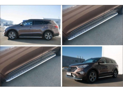 Пороги с площадкой алюминиевый лист 42 мм вариант 2 РусСталь для Hyundai Santa Fe Grand 2014-2021