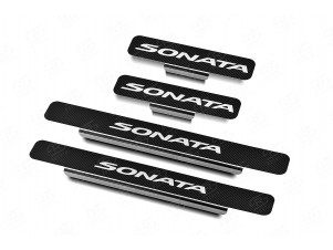 Накладки на пороги Russtal, карбон с логотипом для Hyundai Sonata № HYSON20-06