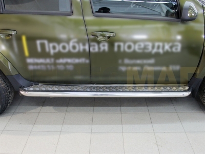 Пороги с площадкой алюминиевый лист 53 мм Технотек для Renault Duster 2015-2021