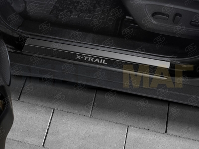 Накладки на пороги Russtal карбон с надписью для Nissan X-Trail № NIXTR15-06 для Nissan X-Trail 2015-2021