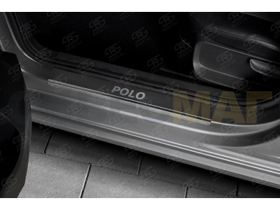 Накладки на пороги Russtal карбон с надписью для Volkswagen Polo № VWPOL15-06