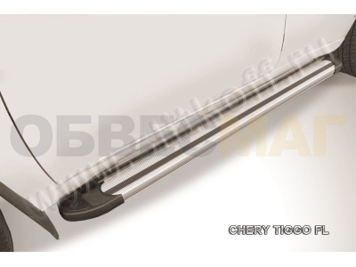 Пороги алюминиевые Slitkoff Luxe Silver для Chery Tiggo FL № AL-CTFL04