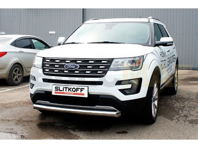 Защита переднего бампера 76 мм серебристая Slitkoff для Ford Explorer 2015-2017