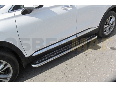 Пороги с площадкой алюминиевый лист 57 мм для Hyundai Santa Fe № HSFT18-004