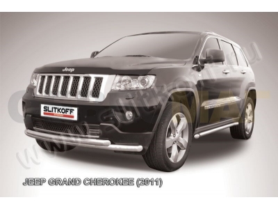 Защита передняя двойная 57-57 мм радиусная серебристая Slitkoff для Jeep Grand Cherokee 2010-2021