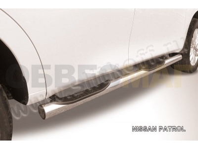Пороги труба с накладками 76 мм серебристая Slitkoff для Nissan Patrol 2010-2021