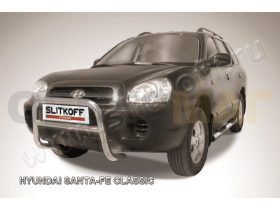 Кенгурятник 57 мм низкий серебристый Slitkoff для Hyundai Santa Fe Сlassic 2000-2012