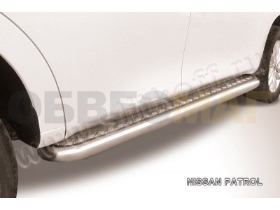 Пороги с площадкой алюминиевый лист 76 мм Slitkoff для Nissan Patrol 2010-2021