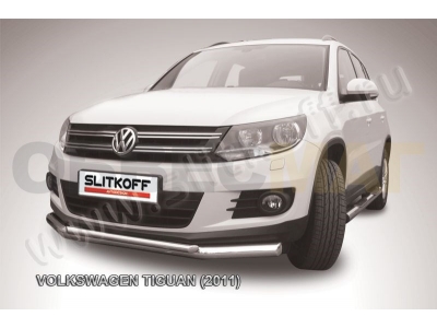 Защита передняя двойная 76-42 мм серебристая Slitkoff для Volkswagen Tiguan 2011-2016