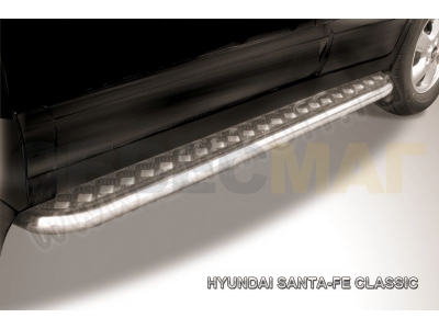 Пороги с площадкой алюминиевый лист 42 мм Slitkoff для Hyundai Santa Fe Сlassic 2000-2012