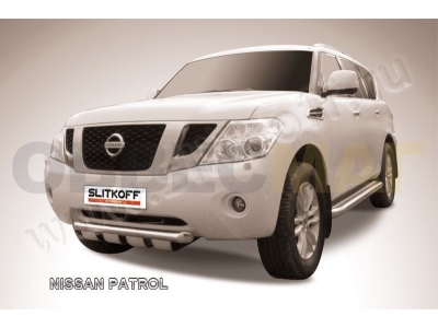 Защита переднего бампера 76 мм с профильной защитой картера Slitkoff для Nissan Patrol 2010-2021