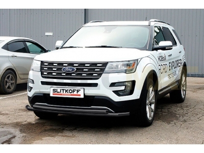Защита передняя двойная 57-57 мм чёрная Slitkoff для Ford Explorer 2018-2021
